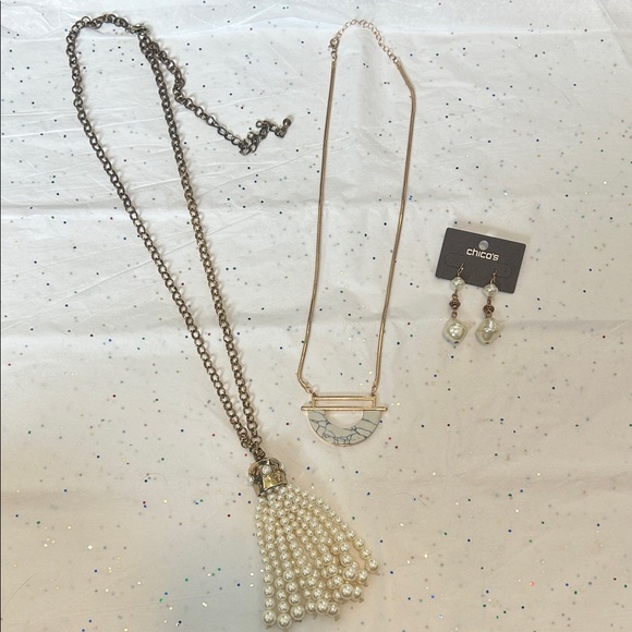 Chico's Jewelry - Chico's Pearl Tassel Necklace with Gold-Tone Chain - Cream & Gold